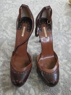 Max Studio Two-Tone Brown Leather Ankle-Strap Heels